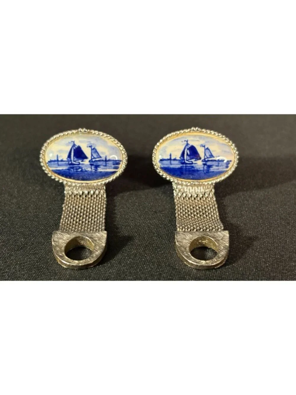 Vintage Swank Cufflinks Delft Porcelain Sailboat Mesh Wrap Around Silver Tone